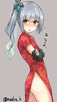  :o alternate_costume arm_warmers bangs blunt_bangs blush brown_eyes chinese_clothes crossed_arms grey_background hair_ornament hair_ribbon kantai_collection kasumi_(kantai_collection) looking_at_viewer nazunakku ribbon side_ponytail side_slit silver_hair simple_background solo translated twitter_username v-shaped_eyebrows 
