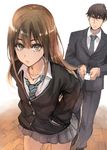  1girl black_hair brown_hair business_card cardigan formal green_eyes hands_in_pockets idolmaster idolmaster_cinderella_girls long_hair looking_at_viewer necktie pepe_(jonasan) producer_(idolmaster_cinderella_girls_anime) school_uniform shibuya_rin short_hair skirt suit 