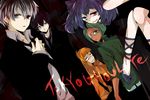  3boys ahoge black_hair blue_eyes blue_hair dress eyepatch green_hair grin headphones heterochromia kaneki_ken long_hair multiple_boys multiple_girls mutsuki_tooru necktie orange_hair purple_hair sasaki_haise sharp_teeth shirazu_ginshi short_hair smile teeth tokyo_ghoul tokyo_ghoul:re trench_coat twintails urie_kuki yonebayashi_saiko 