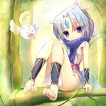  animal_ears barefoot blue_eyes bow_(weapon) bracer commentary_request convenient_leg dog_days feet forehead_jewel gold_trim highres horse_ears horse_girl horse_tail in_tree looking_at_viewer no_bra no_panties pig ponytail scarf sharu_(dog_days) silver_hair sitting sitting_in_tree smile solo tabard tail tatapopo toe_scrunch tree weapon 