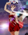 alternate_costume anime_coloring bat_wings breasts camisole casual cleavage dress hat highres light_trail mob_cap nonbiri_jirou purple_hair red_dress red_eyes remilia_scarlet short_hair small_breasts solo strap_slip touhou wind wings 