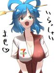  7-eleven alternate_costume blue_eyes blue_hair breasts cleavage hair_ornament hair_rings hair_stick heart kaku_seiga kinketsu large_breasts looking_down open_mouth shirt short_hair short_sleeves simple_background smile solo text_focus touhou translated white_background 