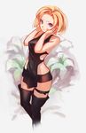  apron bad_id bad_pixiv_id black_footwear black_legwear blonde_hair blue_eyes boots breasts covered_nipples cropped_legs flower hands_on_own_face highres junketsu_no_maria lily_(flower) maria_(junketsu_no_maria) medium_breasts microskirt saimon_ma short_hair skirt sleeveless solo taut_clothes thigh_boots thigh_strap thighhighs 
