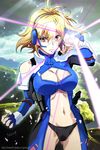  angelise_ikaruga_misurugi ass_visible_through_thighs blonde_hair bodysuit breasts cleavage cross_ange large_breasts looking_at_viewer midriff navel nolia red_eyes short_hair solo 
