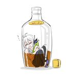  ahoge alcohol bottle caffein detached_sleeves drooling headphones in_bottle in_container long_hair partially_submerged silver_hair sleeping solo vocaloid voyakiloid whiskey yowane_haku zzz 