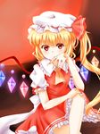  ascot blonde_hair blood_on_fingers bow elbow_rest expressionless fingernails flandre_scarlet hand_on_own_face hand_on_own_knee hat hat_ribbon highres knee_up looking_at_viewer mob_cap moon puffy_short_sleeves puffy_sleeves red_eyes red_moon ribbon short_hair short_sleeves side_ponytail sitting skirt skirt_set tengxiang_lingnai touhou wings 