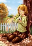 bow brown_hair brown_legwear clouble covering_mouth fence food food_in_mouth hand_over_own_mouth koizumi_hanayo long_sleeves looking_at_viewer love_live! love_live!_school_idol_project pantyhose purple_eyes scenery short_hair sitting skirt solo tree 