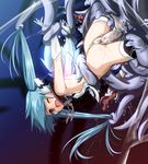  arm_grab arm_held_back blue_eyes blue_hair chain collar dress dress_lift fumihiro gloves hair_pull highres long_hair nymph_(sora_no_otoshimono) one_eye_closed restrained slave solo sora_no_otoshimono tentacles thighhighs twintails wings wrist_grab 