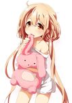  biting brown_eyes brown_hair futaba_anzu grune idolmaster idolmaster_cinderella_girls long_hair messy_hair no_pants off_shoulder shirt solo stuffed_toy t-shirt twintails 