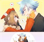  1boy 1girl 2koma ^_^ bangs black_gloves blue_eyes blue_hair blush brown_hair character_print closed_eyes coat comic couple directional_arrow eyebrows_visible_through_hair eyelashes forehead_kiss from_side gen_3_pokemon gloves hair_ribbon hairband half-closed_eyes hands_on_another's_cheeks hands_on_another's_face haruka_(pokemon) heart hetero kiss long_hair long_sleeves looking_at_another low_ponytail mittens miyamotokannn motion_lines o_o open_mouth outline outside_border pokemon pokemon_(creature) pokemon_(game) pokemon_oras profile ribbon scarf short_hair silver_hair smile spoken_exclamation_mark spoken_heart surprised torchic tsuwabuki_daigo upper_body white_outline 