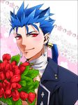  animal_ears blue_hair bouquet cat_ears earrings extra_ears fate/stay_night fate_(series) flower jewelry kemonomimi_mode lancer long_hair male_focus mazaki_kei ponytail red_eyes slit_pupils solo tulip 