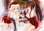  2girls absurdres akasaai all_fours alternate_costume bangs bare_legs bare_shoulders barefoot bismarck_(kantai_collection) black_gloves blonde_hair blue_eyes blush breasts brown_eyes brown_hair cake christmas christmas_tree cleavage detached_collar detached_sleeves dress elbow_gloves feeding flower food food_on_body food_on_face fork fruit gloves hair_flower hair_ornament hat highres holding holding_fork holding_plate iron_cross kantai_collection large_breasts long_hair long_sleeves multiple_girls open_mouth plate pom_pom_(clothes) ponytail rug santa_hat seiza shiny shiny_skin short_dress sidelocks sitting slice_of_cake smile strapless strapless_dress strawberry very_long_hair yamato_(kantai_collection) 