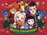  2girls afro amira_(shingeki_no_bahamut) antlers bangs bell black_eyes black_hair blue_eyes blunt_bangs blush braid capelet christmas cup dress favaro_leone food green_eyes hair_ornament hairclip hat kaisar_lidfald long_hair meat multiple_boys multiple_girls official_art pale_skin pink_hair pompadour purple_eyes red_hair red_nose rita_(shingeki_no_bahamut:_genesis) santa_hat scar shingeki_no_bahamut shingeki_no_bahamut:_genesis short_hair smile stitches top_hat twintails 