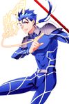  blue_hair earrings fate/stay_night fate_(series) gae_bolg jewelry lancer long_hair male_focus mazaki_kei polearm ponytail red_eyes runes solo spear weapon 