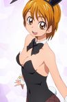  :d animal_ears bare_shoulders bow bowtie breasts brown_eyes brown_hair bunny_ears bunny_tail bunnysuit cleavage fishnet_pantyhose fishnets futari_wa_precure looking_at_viewer manji_(tenketsu) misumi_nagisa open_mouth pantyhose precure short_hair small_breasts smile solo tail 