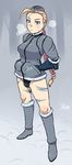  ahoge alternate_costume blonde_hair blue_eyes bodypaint boots braid breasts breath cammy_white elbow_gloves full_body fur_boots garrison_cap gloves grey_footwear hands_in_pockets hat huge_ahoge jacket knee_boots leotard long_hair medium_breasts scar snow_boots solo standing street_fighter street_fighter_iv_(series) tsukudani_(coke-buta) twin_braids winter_clothes 