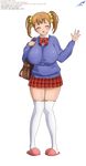  1girl babydoll breasts haha_musume_donburi highres huge_breasts plump ribbon rumi_(haha_musume_donburi) school_uniform slippers thick_thighs thighhighs thighs twintails wide_hips 