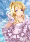  ayase_eli bare_shoulders blonde_hair blue_eyes blush breasts cleavage clouble dress frills gloves long_hair love_live! love_live!_school_idol_project medium_breasts open_mouth ponytail purple_dress skirt snow snowflakes snowing solo 