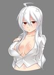  ahoge breasts caffein cleavage dress_shirt large_breasts long_hair nail_polish navel open_clothes open_shirt ponytail red_eyes shirt silver_hair solo upper_body vocaloid voyakiloid yowane_haku 