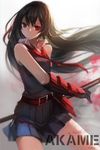  :/ akame akame_ga_kill! bad_id bad_pixiv_id black_hair character_name gauntlets long_hair looking_at_viewer necktie pleated_skirt red_eyes skirt solo swd3e2 wind 