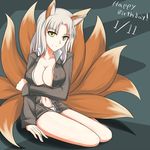  animal_ears birthday brave_witches breast_hold breasts cleavage collarbone collared_shirt dated edytha_rossmann fox_ears fox_tail happy_birthday highres jatts kyuubi large_breasts long_hair long_sleeves military military_uniform multiple_tails navel no_bra older open_clothes shirt silver_hair sitting solo tail uniform world_witches_series yellow_eyes yokozuwari 
