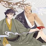  archer bare_shoulders black_hair cherry_blossoms cup dark_skin dark_skinned_male emiya_kiritsugu fate/stay_night fate_(series) itoda_(spica) japanese_clothes kimono makeup multiple_boys sakazuki time_paradox tree white_hair 