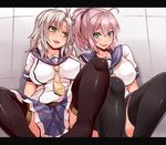  aoba_(kantai_collection) black_legwear breasts green_eyes huge_breasts kantai_collection kinugasa_(kantai_collection) large_breasts letterboxed long_hair looking_at_another multiple_girls ponytail purple_hair remodel_(kantai_collection) school_uniform short_hair silver_hair sitting smile thighhighs yellow_neckwear yukinojou_yakan 