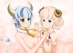  animal_ears asymmetrical_docking bell bell_collar blonde_hair blush breast_press breasts collar cow_bell cow_ears cow_girl cow_tail fur green_eyes hands_together holding_hands holstaurus horns large_breasts looking_at_viewer monster_girl monster_girl_encyclopedia multicolored_hair multiple_girls nipples ribbon sheep_ears sheep_girl short_hair smile tail two-tone_hair weresheep whether 