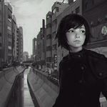  black_jacket building buttons canal chromatic_aberration city ilya_kuvshinov jacket lips looking_away monochrome original outdoors real_world_location realistic shibuya_(tokyo) short_hair sign sky solo swept_bangs tokyo_(city) upper_body 