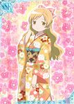  alternate_hairstyle blonde_hair card_(medium) floral_background hair_down hair_ribbon japanese_clothes jpeg_artifacts kimono long_hair mahou_shoujo_madoka_magica official_art ribbon solo tomoe_mami trading_card yellow_eyes yellow_kimono 