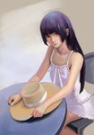  absurdres bare_shoulders black_hair breasts brown_background brown_eyes chair collarbone dress expressionless gokou_ruri goldengear870 hand_on_headwear hat hat_removed headwear_removed highres hime_cut lips long_hair looking_at_viewer nose ore_no_imouto_ga_konna_ni_kawaii_wake_ga_nai realistic sitting sleeveless small_breasts solo straw_hat sundress table upper_body white_dress 