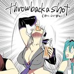  ahoge alcohol aqua_hair bottle breasts brown_hair caffein cleavage cup detached_sleeves drinking drinking_glass english hatsune_miku headphones large_breasts long_hair meiko multiple_girls necktie open_mouth ponytail shot_glass silver_hair surprised twintails vocaloid voyakiloid yowane_haku 