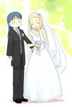  arm_holding bad_proportions bride dress formal groom kajiwara_sora multiple_girls mutou_youshun pant_suit sketchbook_full_colors suit torikai_hazuki wedding wedding_dress wife_and_wife yuri 