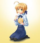  :t absurdres ahoge artoria_pendragon_(all) blonde_hair bread dress eating fate/stay_night fate_(series) food food_on_face green_eyes highres melon_bread pantyhose saber seiza sitting solo wan89 