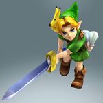  1boy absurdres blonde_hair blue_eyes child fierce_deity fox_mask full_body gradient gradient_background highres keaton_mask link majora&#039;s_mask mask official_art solo sword the_legend_of_zelda the_legend_of_zelda:_majora's_mask weapon young_link zelda_musou 