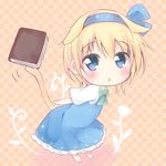  alice_margatroid alice_margatroid_(pc-98) amatsuki_hotaru animal_ears blonde_hair blue_eyes blush book cat_ears cat_tail checkered checkered_background chibi hair_ribbon ribbon solo tail tail_hold touhou touhou_(pc-98) 