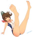  bare_shoulders barefoot brown_eyes brown_hair dark_skin foreshortening full_body hair_ornament high_ponytail i-401_(kantai_collection) kantai_collection legs_up looking_at_viewer open_mouth sailor_collar school_swimsuit simple_background soles solo sts swimsuit swimsuit_under_clothes white_background 