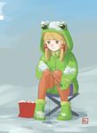  alternate_costume animal_costume ankle_boots blonde_hair blush boots bucket coat empty_eyes fishing fishing_rod frog_costume frozen_lake fur_boots gloves green_footwear green_gloves hair_ornament hair_ribbon hole hood ice ice_fishing kitano_(kitanosnowwhite) long_sleeves moriya_suwako orange_legwear pantyhose ribbon short_hair sitting snow snow_boots touhou wavy_mouth 