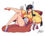  ;) bad_id bad_tumblr_id bangs bigdead93 black_hair breasts eyebrows flats fur_coat gym_leader headphones impossible_clothes kamitsure_(pokemon) long_hair lying medium_breasts mismatched_footwear on_back one_eye_closed pokemon pokemon_(game) pokemon_bw2 recliner reclining smile solo thick_eyebrows 