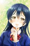  blazer blouse blue_hair finger_to_mouth grin hair_between_eyes highres jacket light_smile lips long_hair looking_at_viewer love_live! love_live!_school_idol_project necktie otonokizaka_school_uniform portrait pov school_uniform shushing smile solo sonoda_umi suito white_blouse yellow_eyes 