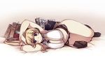  bed_sheet black_legwear blonde_hair blue_eyes blush book breasts cleavage deviruchi hair_ribbon large_breasts long_hair looking_at_viewer lying navel on_side ragnarok_online ribbon shorts smile solo whitesmith xration 