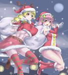  adapted_costume alternate_breast_size bag bare_shoulders belt blonde_hair blush boots breasts christmas covered_nipples detached_sleeves drill_hair fake_antlers hair_ornament hair_ribbon hairpin hat highres huge_breasts kaname_madoka mahou_shoujo_madoka_magica midriff mizuumi_(bb) multiple_girls navel open_mouth panties pink_eyes pink_hair ribbon santa_boots santa_costume santa_hat short_hair short_twintails striped striped_legwear thighhighs tomoe_mami twin_drills twintails underboob underwear yellow_eyes 