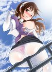  angleich ashigara_(kantai_collection) blue_sky blush breast_hold breasts brown_eyes brown_hair cameltoe cloud day elbow_gloves gloves hairband kantai_collection large_breasts looking_at_viewer one_eye_closed open_clothes open_shirt panties panties_under_pantyhose pantyhose red_panties shirt sitting skirt skirt_set sky smirk solo underwear white_gloves 