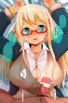  1girl alessandra_susu aqua_eyes arms_up blonde_hair blush bracelet breasts censored cleavage cleavage_cutout glasses han_(jackpot) hetero huge_breasts imminent_paizuri jewelry long_hair penis smile solo_focus sweater tokyo_7th_sisters translated unbuttoned 