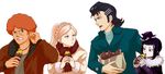  2girls afro amira_(shingeki_no_bahamut) bangs black_eyes black_hair blue_eyes blunt_bangs braid eating favaro_leone food fur_trim green_eyes hair_ornament hairclip hat highres kaisar_lidfald long_hair maka_(decnove) multiple_boys multiple_girls pale_skin pink_hair pompadour purple_eyes red_hair rita_(shingeki_no_bahamut:_genesis) scar scarf shingeki_no_bahamut shingeki_no_bahamut:_genesis short_hair smile sweet_potato top_hat turtleneck twintails winter_clothes 