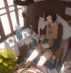  blanket blush bob_cut book bread brown_hair cat chair commentary desk dress drooling food from_above hand_on_own_cheek indoors lamp light lips milk_carton mujiha original plant plate short_hair sitting sleeping sleeping_upright slippers solo window windowsill 