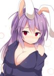  animal_ears bad_id bad_pixiv_id bare_shoulders beni_shake blazer blush breasts bunny_ears cleavage jacket large_breasts long_hair off_shoulder purple_hair red_eyes reisen_udongein_inaba solo touhou upper_body 