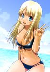  alessandra_susu bikini blonde_hair blue_eyes blush breasts cleavage cloud day front-tie_top hitsukirai large_breasts long_hair looking_at_viewer navel open_mouth shiny shiny_skin skindentation sky smile solo swimsuit tokyo_7th_sisters v 