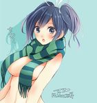  :o aqua_background artist_name blue_eyes blue_hair breasts dated hair_between_eyes highres kantai_collection large_breasts looking_at_viewer naked_scarf scarf short_twintails signature simple_background solo souryuu_(kantai_collection) tebi_(tbd11) twintails underboob 