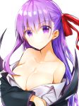  1girl bangs bare_shoulders bb_(fate)_(all) bb_(fate/extra_ccc) black_coat blush breasts cleavage collarbone collared_shirt dress_shirt fate/extra fate/extra_ccc fate_(series) hair_between_eyes hair_ribbon high_collar highres large_breasts long_hair long_sleeves looking_at_viewer nanakusa_amane off_shoulder purple_eyes purple_hair red_ribbon ribbon shirt simple_background solo white_background white_shirt 